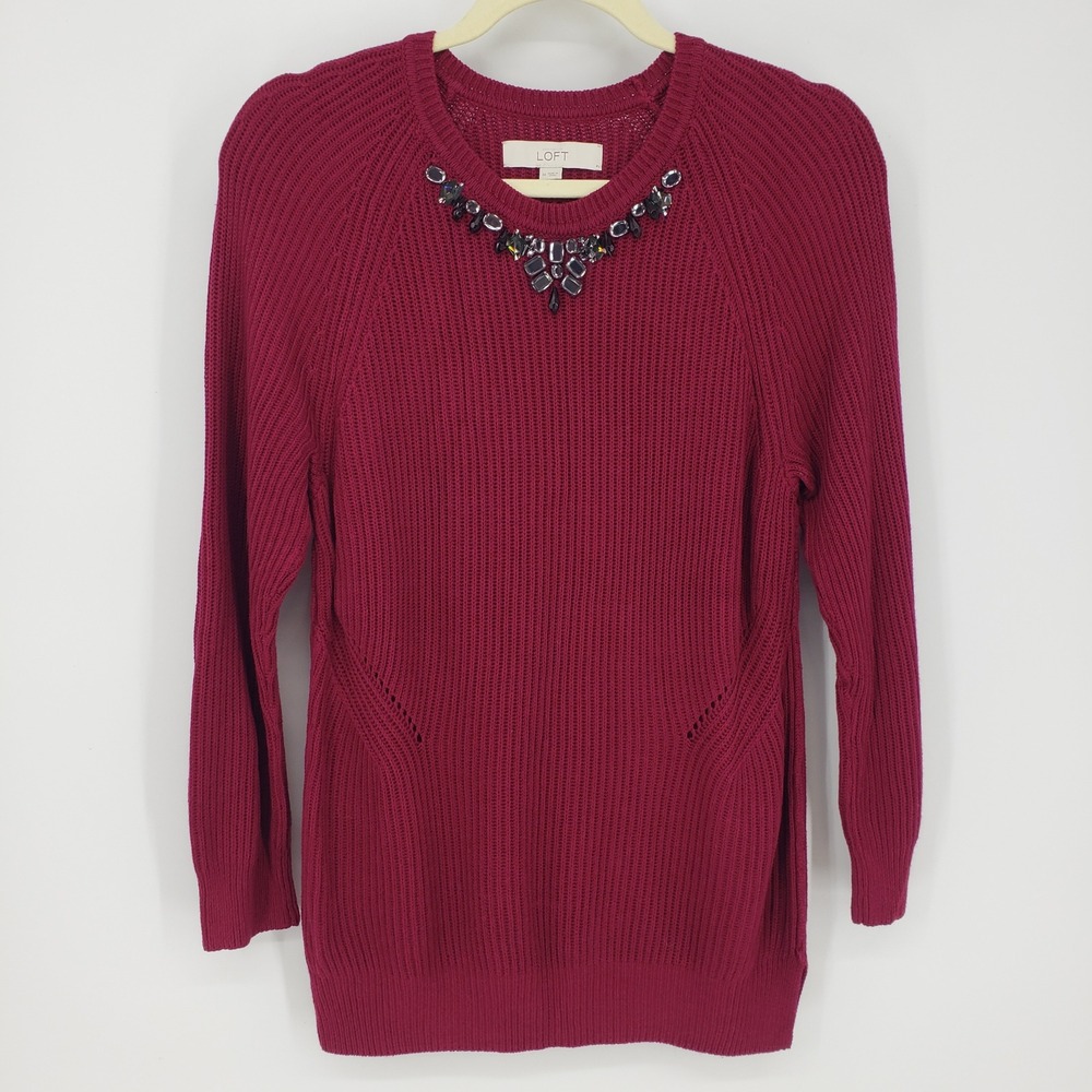 LOFT Jeweled Crew Neck Sweater M Embellished Beaded Ribbed Knit Cotton Silk‎ Red